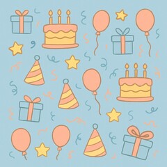 Festive hand drawn birthday pattern with cakes, gifts, balloons, and hats, perfect for party supplies and celebratory designs