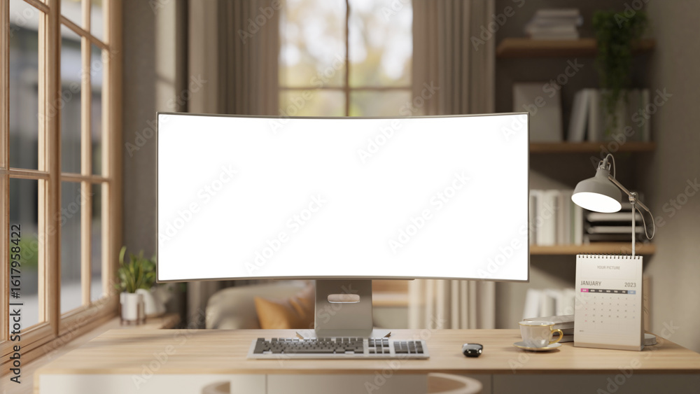 Poster blank screen computer with coffee and calendar aside lamp on wooden table in working or study room.