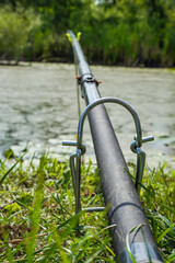 Summer fishing on the lake,
rod cast on the lake, overgrown lake