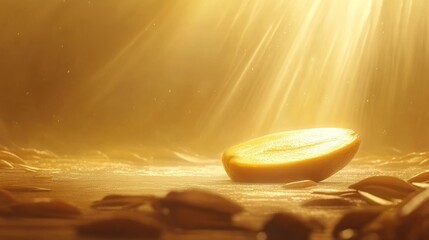 Illuminated Mango Slice: Golden Light, Artistic Composition, Dreamy Atmosphere.