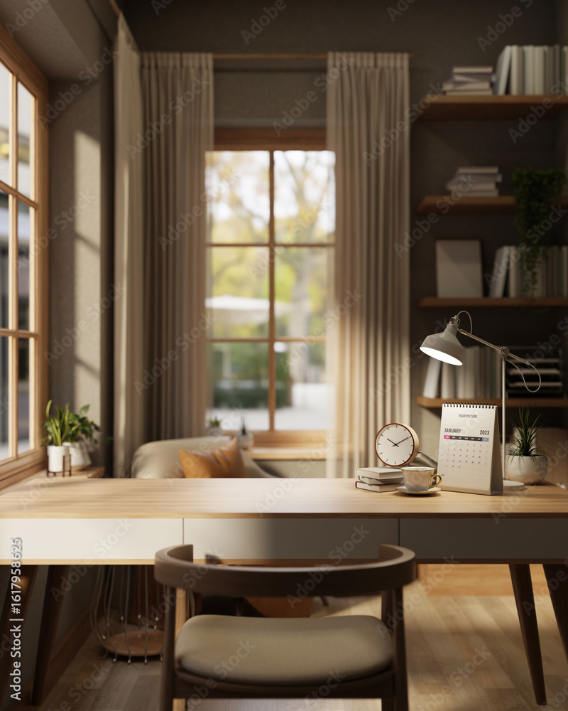 Poster clock with coffee and calendar on wooden table in a room with bookshelf and sunlight through windows
