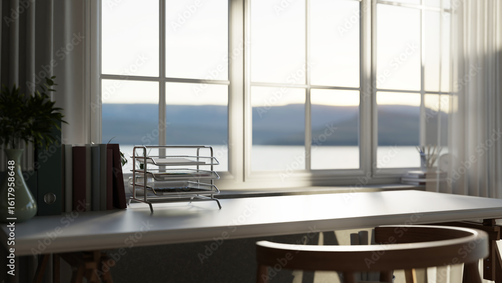 Aufkleber paper drawer and file folders with vase on white table in a bright room with sunlight through window