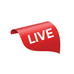 A glossy, red, curled ribbon-like banner with "LIVE" in bold white text, angled slightly, floats against a stark white background, conveying immediacy.
