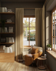 A leather sofa armchair aside bookshelf in a living room or library with sunlight through windows.