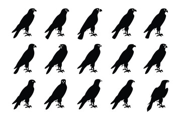 Naklejka premium Black Birds Silhouette: A meticulously crafted arrangement showcasing numerous silhouettes of a majestic bird in poised, elegant, and artistic posture.