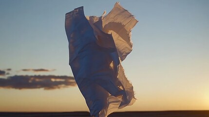 Torn Fabric Against Sunset: Dramatic Light, Texture, and Freedom.