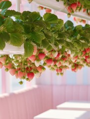 Juicy strawberries hanging in vertical garden for fresh harvest