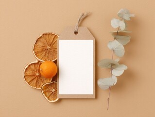 Autumn branding mockup with kraft paper tag and natural elements for packaging design