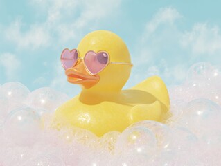 Yellow rubber duck with heart shaped sunglasses in bubbly bath scene