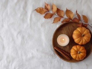 Cozy autumn still life with pumpkins, cinnamon, candle on linen for seasonal decoration