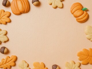 Autumn themed flat lay with pumpkin and leaf shaped cookies for seasonal baking inspiration