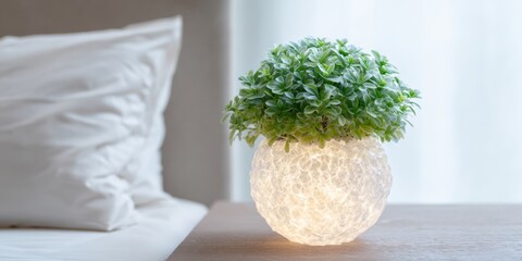 Orb shaped glowing hydroponic planter with lush greenery for modern interior decor