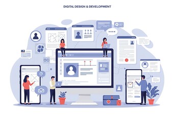 Illustration of digital design and development process with devices and people