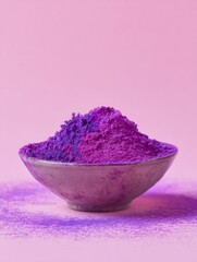 Macro shot of vibrant purple acai powder spilling from bowl for health and wellness concepts