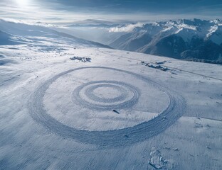 Snow-covered mountaintop with circular tracks