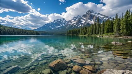 Crystal clear lake reflecting snow capped mountains and coniferous forest