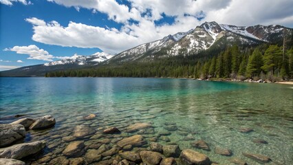 Clear mountain lake with rocks snow capped mountains and coniferous forest