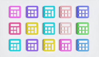 Colorful Calculators Organized in a Grid Pattern on Clean White Background Aesthetic