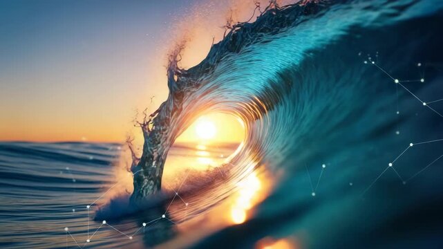 A stunning ocean wave curls gracefully at sunset capturing the vibrant colors of the sky and water with a hint of digital elements enhancing the serene atmosphere