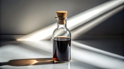 Dark liquid in a small glass bottle with a cork stopper illuminated by sunlight