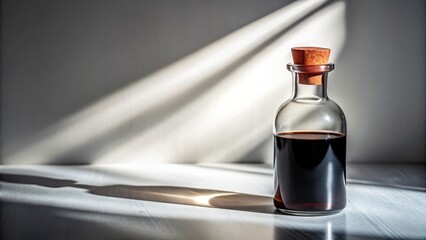 Dark liquid in a glass bottle with a cork stopper sitting on a white surface in sunlight
