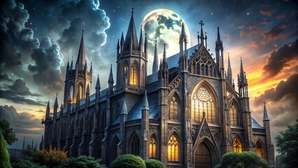 Gothic Cathedral at Dusk Illuminated Windows Full Moon Dramatic Clouds