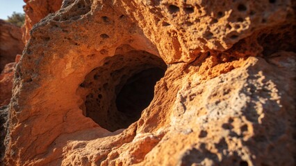 Natural rock formations and a stone mosaic in a desert landscape against a clear sky
