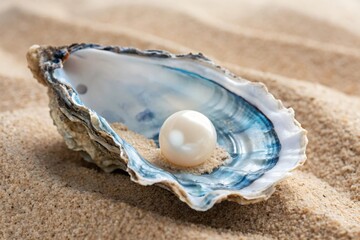 Single pearl inside an oyster shell resting on sand Close up view of a lustrous pearl
