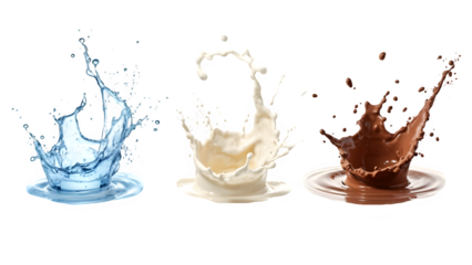 Water, milk, and chocolate splash set. A design element for product packaging. Isolated on a transparent grid background.