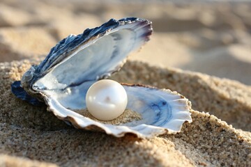 Single pearl inside an oyster shell on a sandy beach ocean sea coastal