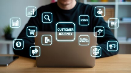 Optimizing the Customer Journey: A person interacting with a laptop displaying a "CUSTOMER JOURNEY" map surrounded by touchpoint icons, illustrating seamless user experience and sales funnel analysis