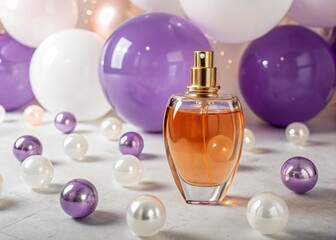 Perfume bottle with amber liquid surrounded by white and purple balloons and pearls