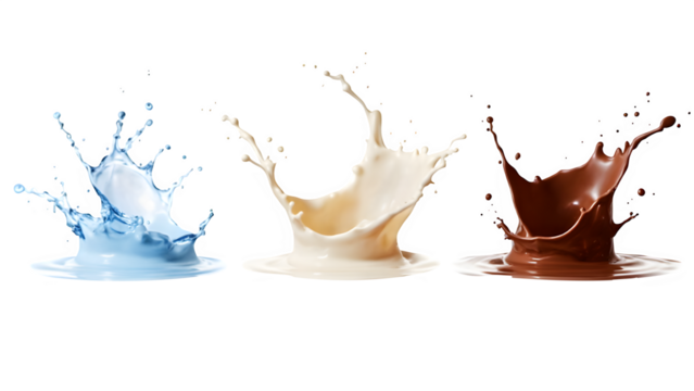 Splash set of water, milk, and chocolate. Element of product package design. Isolated against a transparent grid background.