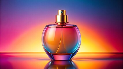 Colorful perfume bottle on vibrant gradient background Glass bottle with gold sprayer Product photography
