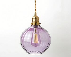 Purple glass pendant lamp with brass fitting and Edison bulb Hanging light fixture on a rope cord
