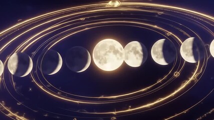 Moon Phases in Cosmic Sky with Golden Orbits and Mystical Symbols