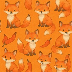 Charming watercolor fox pattern in a cute, autumnal style, ideal for children's designs, fabric, and woodland themes
