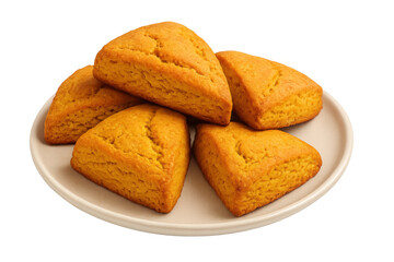 Fototapeta premium Five golden, triangular pumpkin scones are neatly arranged on a plate, creating a tempting display against a transparent background