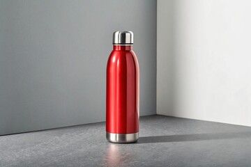 Red metal water bottle with silver cap on grey surface container drinkware
