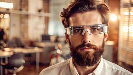 Bearded man wearing clear safety glasses in an office setting Close up portrait
