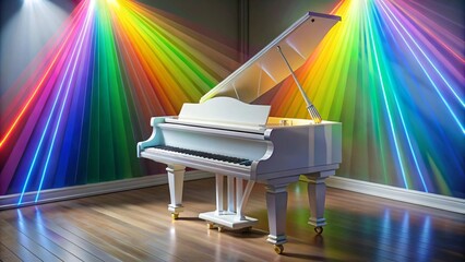 White grand piano in a room with a rainbow colored wall and spotlights