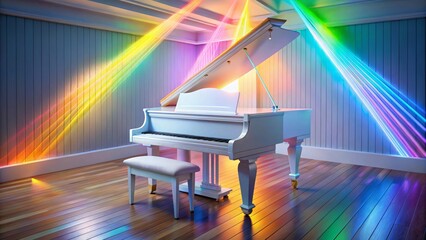 White grand piano in a room with colorful lights wooden floor White Piano