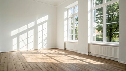 Sunlit empty room with hardwood floor white walls and large windows showing green trees