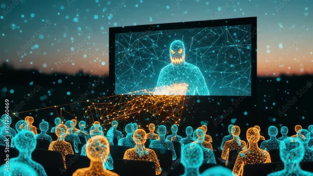 Poster a digital projection of a menacing figure on a large screen captivates an audience in a darkened out