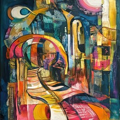 Abstract Cityscape: Vibrant Colors, Textured Layers, Architectural Forms, Artistic Expression.