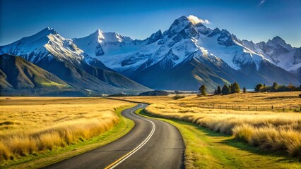 Winding asphalt road through grassy field towards snow capped mountains under a bright blue sky