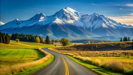 Winding asphalt road through green fields towards snow capped mountains under a blue sky