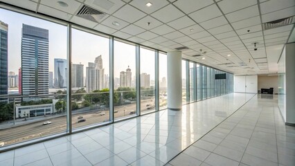 Modern office interior with large windows showcasing a city skyline view Bright spacious room with polished tile floor
