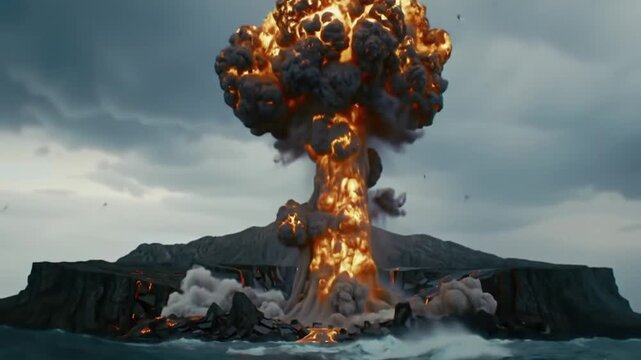 Massive Fireball Eruption on Remote Island under Storm Clouds 