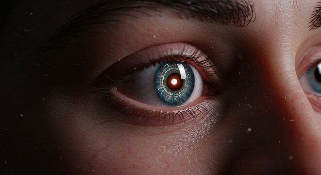 Hyper-Realistic Cyborg Eye with Glowing HUD and Digital Iris - Powered by Adobe